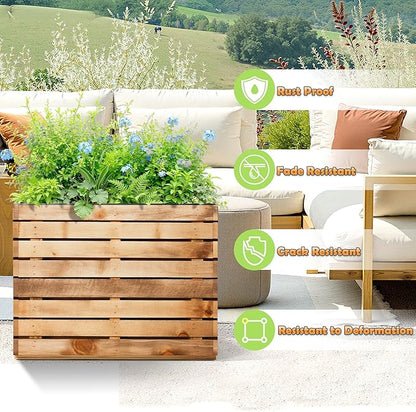 Metal Planter Box Rectangular Planter Box with Drainage Hole, Outdoor Large Planters, All-Weather Use, Rust-Resistance, for Flowers Plants, 29.9" L × 12" W × 24" H, Dark Walnut
