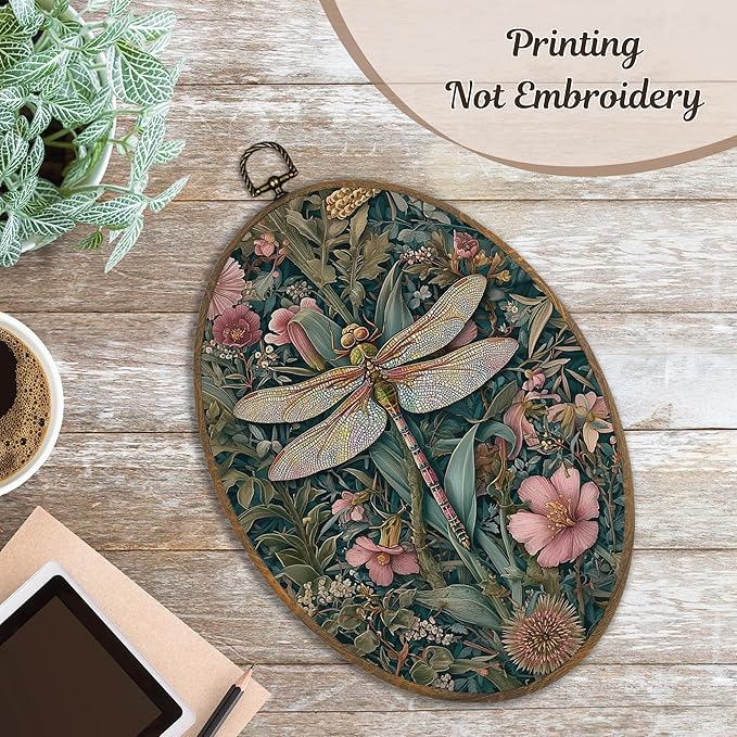 LKETW Vintage Floral Dragonfly Oval Wall Art Decor, Retro William Morris Flower Botanical Dragonfly Oval Canvas Hanging Decor, Cottagecore Wall Decorations for Home Bedroom Office, 8.6x11.4 Inch