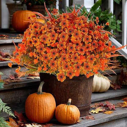 Artificial Fall Flowers for Outdoors Fake Mums - 16 Bundles Faux Fall Decor Plants No Fade Shrubs (16, OrangeGreenGrass)