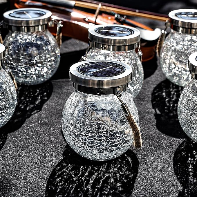Cooo Christmas Gifts 6 Pack Solar Lanterns Waterproof Outdoor Heavy Crackle Glass a Big Warm LED Stainless Steel Lid 215% Solar for Women Mom Grandma Landscape Path Lights Garden Yard Backyard Decor