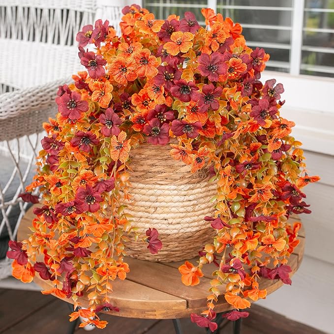 HyeFlora Artificial Autumn Flowers for Outdoors Fall Light Orange & Brown Daisy, Fake Hanging Decoration, 2Pcs Outside Decor, Realistic Plants, Silk Flower for Porch Patio Balcony Planter Yard