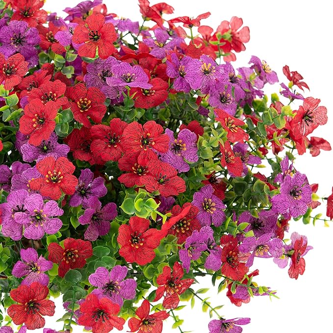 Artificial Fake Mums Flowers for Outdoor Fall Decor, 12 Bundles Faux Silk Plants Daisy for Planter Pot Colorful UV Resistant Look Real for Front Door Porch Patio Outside Yard(Red Purple)