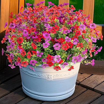 Artificial Fake Mums Flowers for Outdoor Fall Decor, 12 Bundles Faux Silk Plants Daisy for Planter Pot Colorful UV Resistant Look Real for Front Door Porch Patio Outside Yard(Red Purple)