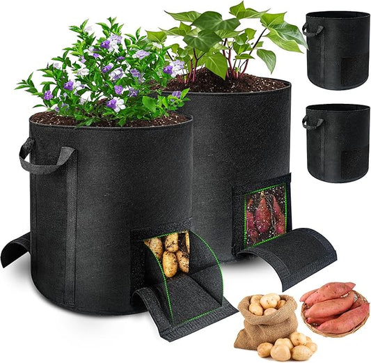 4 Pcs 15 Gallon Potato Grow Bags with Harvest & Visible Windows, Thickened Nonwoven Fabric Potato Planter,Potato Growing Containers with Sturdy Handles, Potato Bags for Growing Potatoes Vegetables
