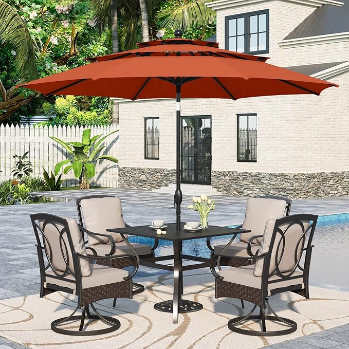 Sophia & William Outdoor Dining Set with Umbrella 6 Piece Patio Set for 4 with 10ft Patio Red Umbrella, 4 x Swivel Patio Chairs, 1 Square Table for Lawn Garden