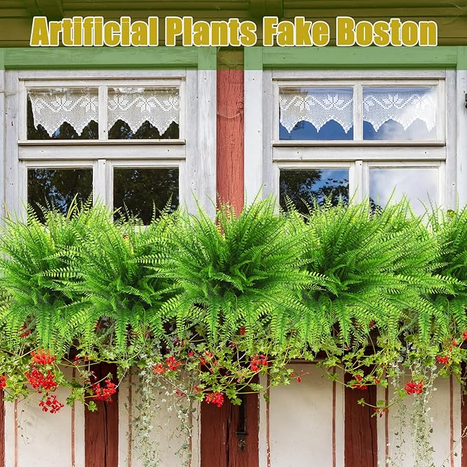 Janinka 10 Pcs Artificial Boston Fern Plants Fake Boston Fern Stems UV Resistant Faux Plants Artificial Outdoor Plastic Bushes Bulk for Hanging Office Porch Window Home Decor