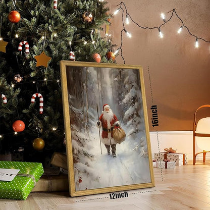 Christmas Wall Art, Vintage Santa Claus Wall Decor, Santa Claus Is Coming To Town Painting Artwork Canvas Prints, Country Winter Christmas Holiday Poster Pictures for Home Bedroom 12x16 Inch Framed