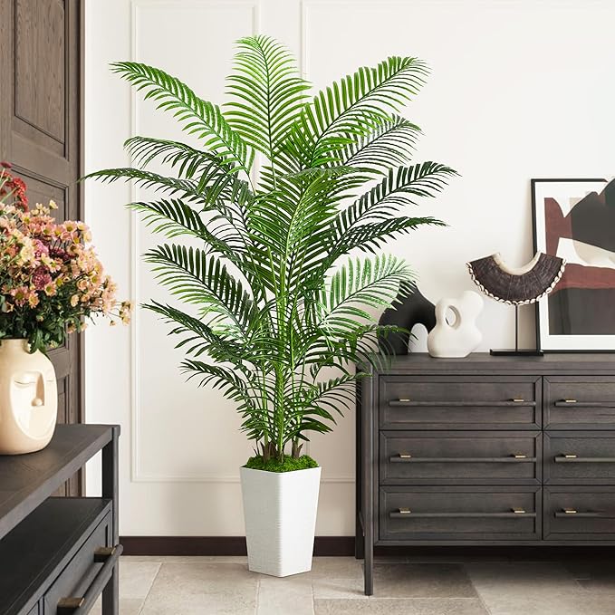 Artificial Palm Tree Indoor, 6FT Fake Floor Plants Large Tropical Silk Plant with White Tall Planter, Faux Areca Palm Plant Artificial Tree in Pot for Home Room Office Outdoor Patio Decor