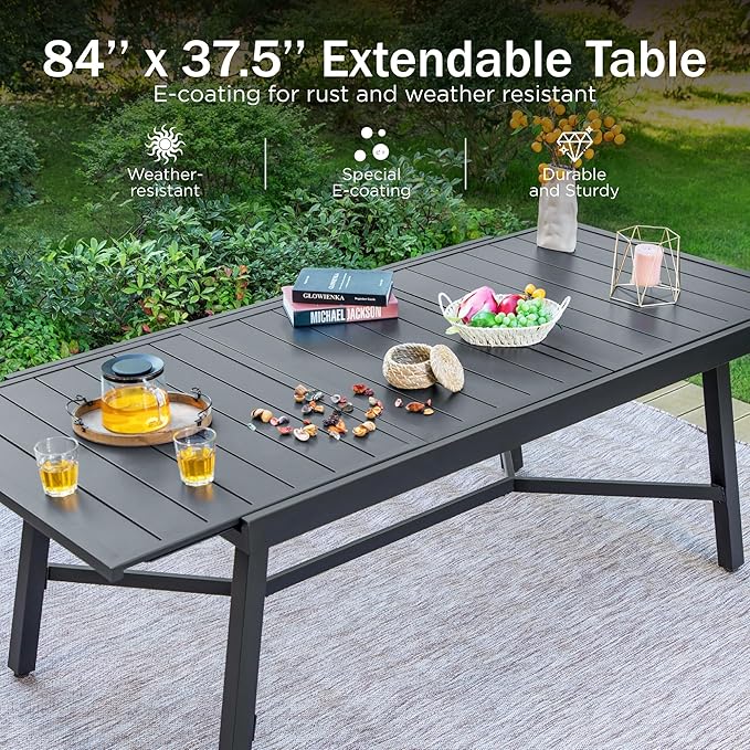 PHI VILLA 7 Pieces Outdoor Dining Set for 6, 84" Long Expandable Metal Table & Swivel Wrought Iron Chairs with Cushions, Large Furniture Set for Patio, Deck, Yard, Porch - Black