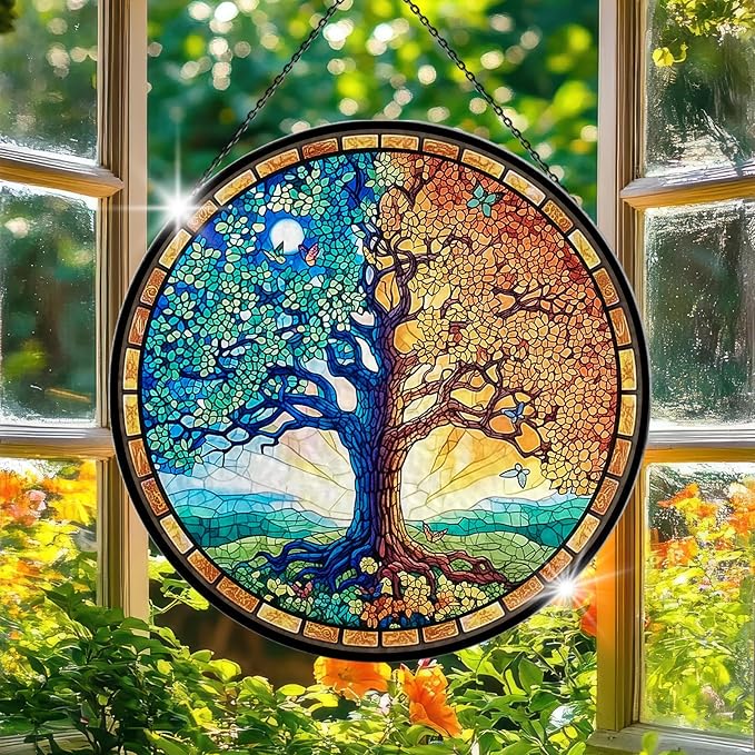 Tree of Life Stained Glass Window Hanging, 7.9" Sun Catcher Panel Boho Wall Art Decor with Chain, Hand Painted Round Glass Gifts for Couples, Housewarming Gift