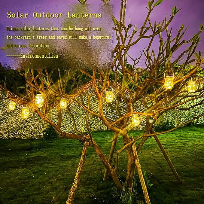 Cooo 9 Pack Solar Lanterns Outdoor Waterproof Upgraded Crystal Glass Solar Mason Jar Lights 30 LED 215% Larger SolarPanel, Anti-Rust Lid Hanging Outdoor Lanterns for Patio Garden Christmas Decorations