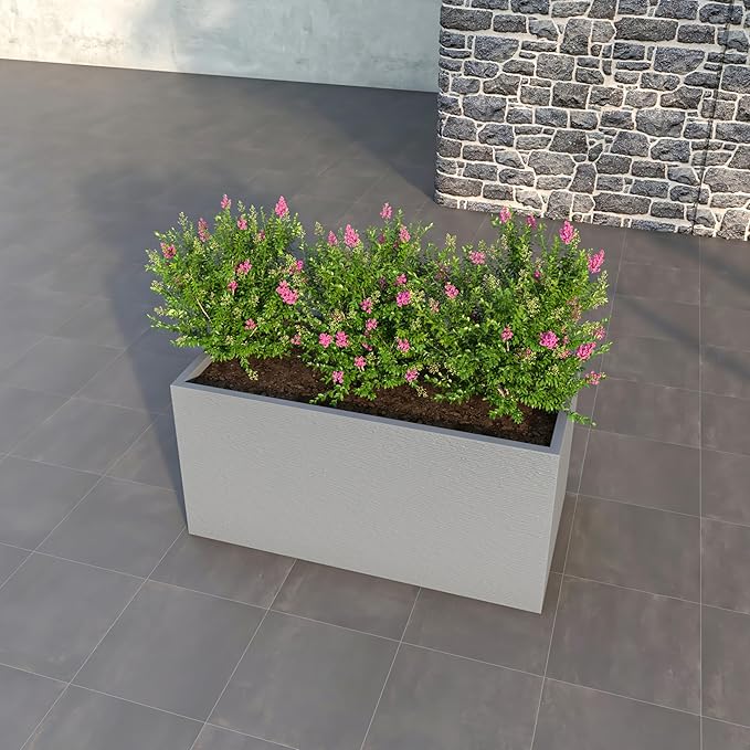 LeisureMod Flora 24" Fiberstone & MGO Clay Planter, Mid-Century Modern Rectangular Pot for Indoor & Outdoor Use, Grey