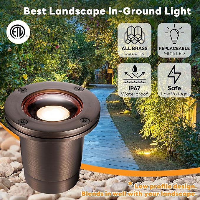 Gardenreet Brass In Ground Well Light - Ip67 Low Voltage Outdoor Light, 12V LED Landscape Lighting, Antique Bronze for Walkway Garden Lawn with 2700K Warm White MR16 Bulb (4 Pack)