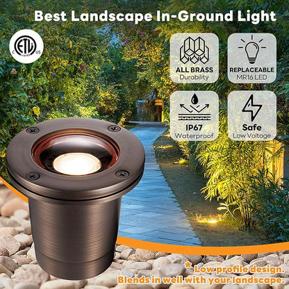 Gardenreet Brass In Ground Well Light - Ip67 Low Voltage Outdoor Light, 12V LED Landscape Lighting, Antique Bronze for Walkway Garden Lawn with 2700K Warm White MR16 Bulb (4 Pack)