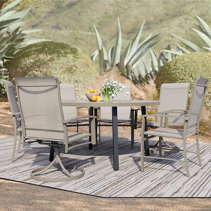 7 Piece Outdoor Dining Set, 47" Ivory Beige Round Outdoor Dining Table with 2 Ivory Beige Swivel Outdoor Dining Chairs and 4 Fixed Patio Table and Chair Set of 6 for Lawn, Garden, or Porch