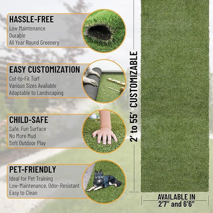 Ottomanson 6'6" x 20' Artificial Faux Grass Rug - Realistic Turf with UV Protection - Perforated for Easy Drainage - Durable, Hose-Off Synthetic Lawn Carpet for Indoor & Outdoor Use, Green