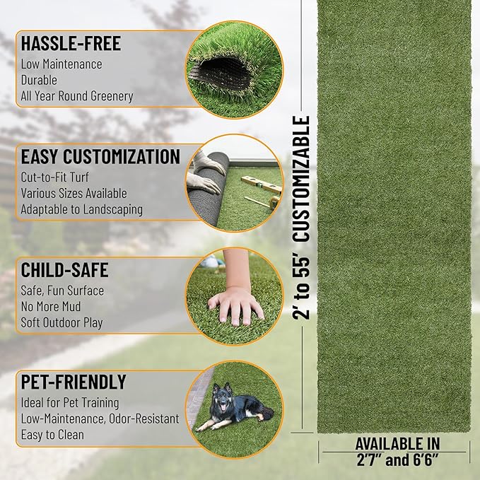 Ottomanson 6'6" x 22' Artificial Faux Grass Rug - Realistic Turf with UV Protection - Perforated for Easy Drainage - Durable, Hose-Off Synthetic Lawn Carpet for Indoor & Outdoor Use, Green