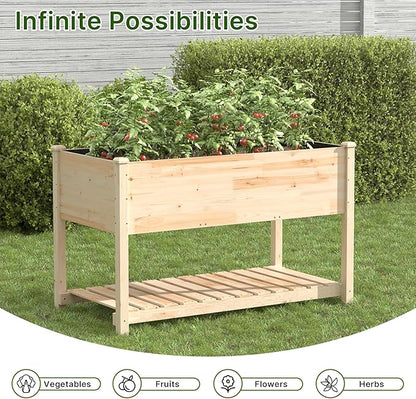 Raised Garden Bed with Legs, 47.2x23.6x30in Wooden Raised Garden Box with Bed Liners, Storage Shelf for Outdoor Garden, Patio, Elevated Wood Planter for Vegetables, Fruits, Flowers
