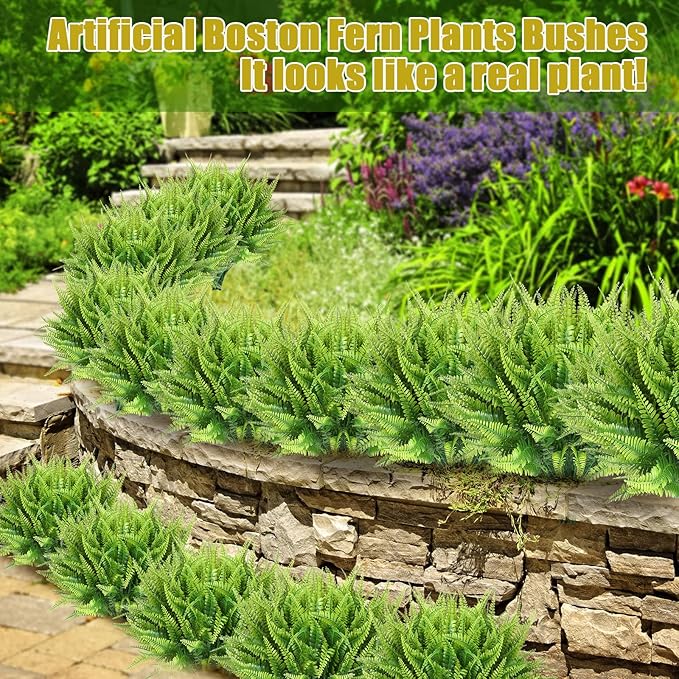 Janinka 10 Pcs Artificial Boston Fern Plants Fake Boston Fern Stems UV Resistant Faux Plants Artificial Outdoor Plastic Bushes Bulk for Hanging Office Porch Window Home Decor