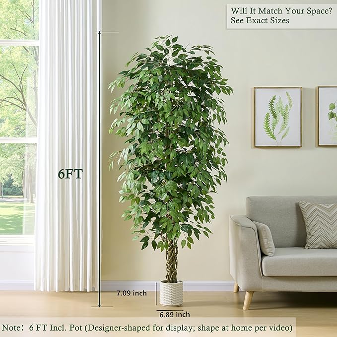 Artificial Ficus Tree：6FT Faux Silk Floor Plant Realistic Tall Fake Ficus Large Potted with Braided Trunk Lush & Green Leaves Pot for Home Office Room Decor Indoor & Outdoor (6FT,1-Pack,White)