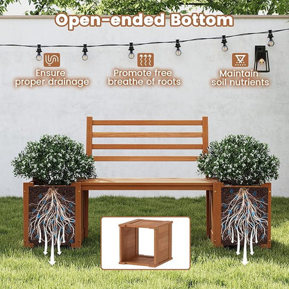 2 Pieces Outdoor Planter Box with Bench, Teak Oil Finish Wood Seat with 2 Open-Ended Base Garden Beds & Backrest, Decorative Plant Container for Yard, Balcony & Porch