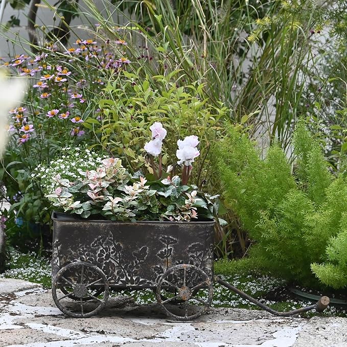 Flower Cart with Wooden Handles, Metal Wagon Planters for Outdoor Plants, Garden Planter with Wagon Wheels, Decorative Wheelbarrow, Plant Cart for Patio Garden Balcony (Brown)