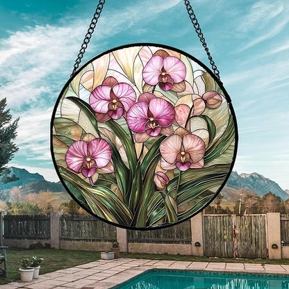 Stained Glass Window Hanging - Pink Phalaenopsis Orchid Green Leaves Sun Catcher for Door Home Decor Flower Suncatcher Christmas Mother's Day Birthday Gifts for Women Men Mom Nana 11.8 in