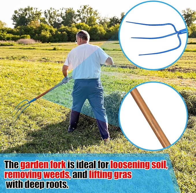 59 Inch Manure Fork Wood Handle 3 Tine Fork for Farm Stable Hay Ranch Bedding Garden