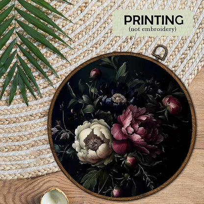 cvjutf Moody Peony Floral Wall Art Decor Framed, Vintage FLower Botanical Round Wall Decor, Dark Academia Peony Floral Canvas Prints Art for Living Room Bathroom Gallery, 10x10 Inch