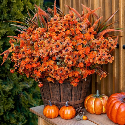 Artificial Fall Flowers for Outdoors Fake Mums - 16 Bundles Faux Fall Decor Plants No Fade Shrubs (16, OrangeGreenGrass)