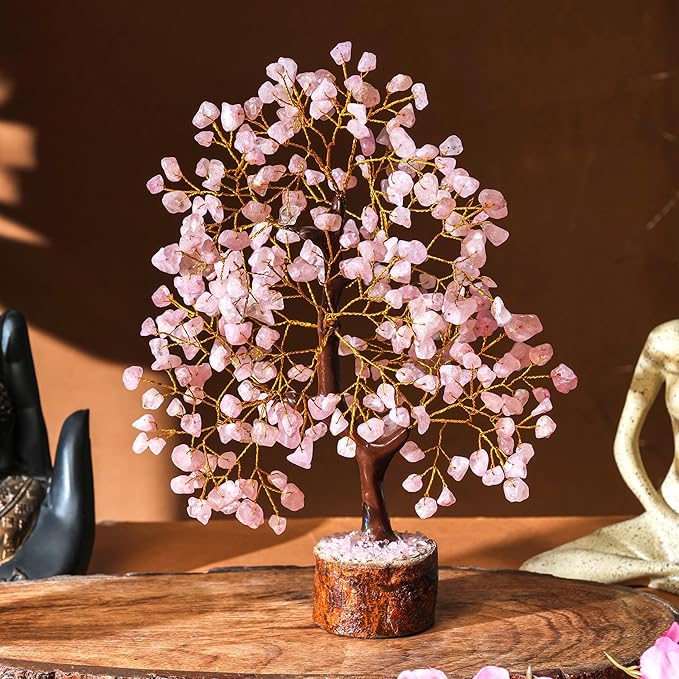 Rose Quartz Chakra Tree of Life Crystal Decor – Feng Shui Money Tree for Good Luck – Spiritual Positive Energy Healing Gemstone Home Office Wealth Attraction Decoration 300 Beads 10 Inches