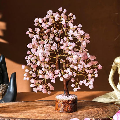 Rose Quartz Chakra Tree of Life Crystal Decor – Feng Shui Money Tree for Good Luck – Spiritual Positive Energy Healing Gemstone Home Office Wealth Attraction Decoration 300 Beads 10 Inches
