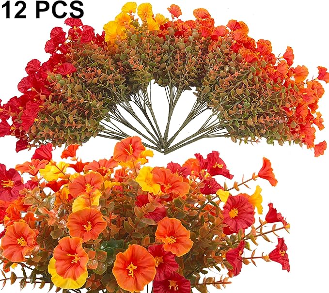 Artificial Fake Mums Fall Flowers for Outdoor Decorations, 12 Bundles Fake Flowers Artificial Plants Outdoor UV Resistant Plastic Faux Silk Flowers for Porch Planters Patio Garden