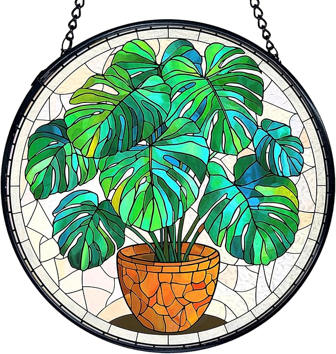 TNUW Monstera Plant Stained Glass Window Hanging, Monstera Leaf Decor Sun Catchers Indoor Window Glass Round Wall Art Decor, Plant Lovers Gifts Wall Hanging Decorations, 7.9＂x7.9＂Green Patio，Lawn,
