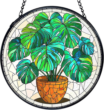 TNUW Monstera Plant Stained Glass Window Hanging, Monstera Leaf Decor Sun Catchers Indoor Window Glass Round Wall Art Decor, Plant Lovers Gifts Wall Hanging Decorations, 7.9＂x7.9＂Green Patio，Lawn,