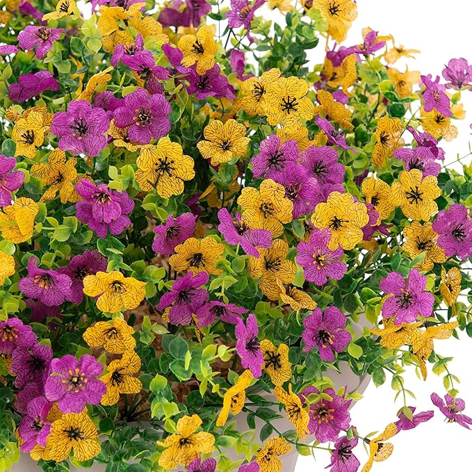 Artificial Fake Mums Flowers for Outdoor Fall Decor, 12 Bundles Faux Silk Plants Daisy for Planter Pot Colorful UV Resistant Look Real for Front Door Porch Patio Outside Yard(Purple Yellow)
