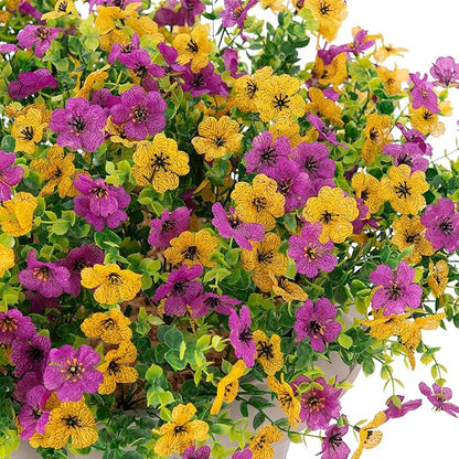Artificial Fake Mums Flowers for Outdoor Fall Decor, 12 Bundles Faux Silk Plants Daisy for Planter Pot Colorful UV Resistant Look Real for Front Door Porch Patio Outside Yard(Purple Yellow)