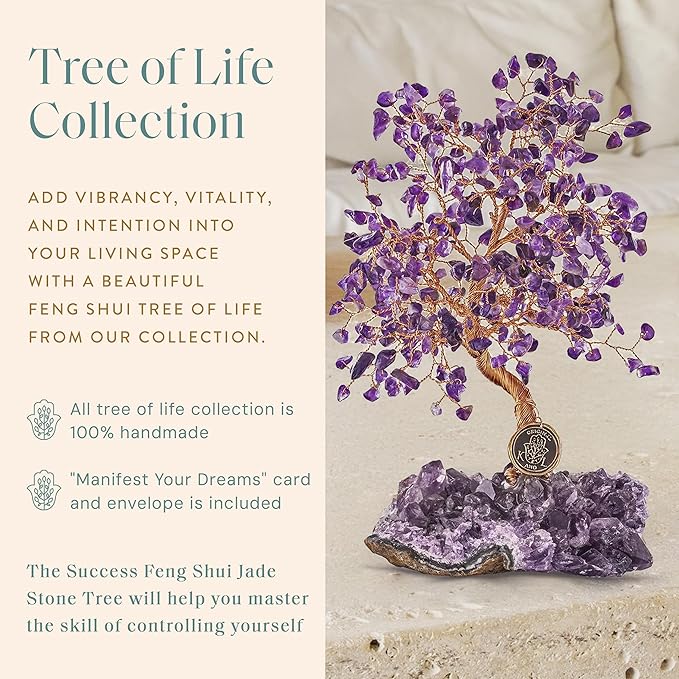 KARMA AND LUCK, Calming Spirit, Real Amethyst Crystal Feng Shui Tree of Life Home Decor, Wrapped in Copper on Crystal Base, 8"