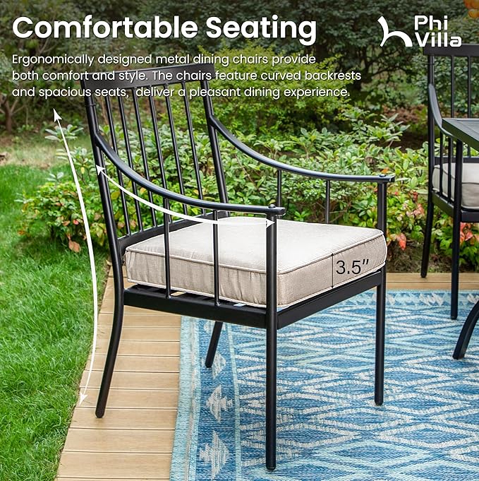PHI VILLA 7 Pieces Outdoor Dining Set for 6, 84" Long Expandable Metal Table & Heavy-Duty Wrought Iron Chairs with Cushions, Large Furniture Set for Patio, Deck, Yard, Porch - Black