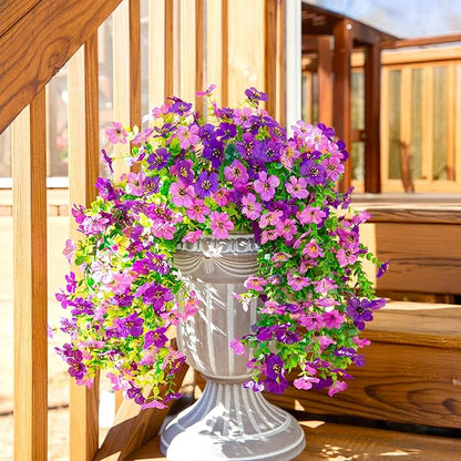 Artificial Faux Hanging Flowers Plants for Spring Outdoor Outside Decoration, 2 PCS Fake Silk Daisy with Eucalyptus UV Resistant Realistic Trailing Vines for Balcony Patio Porch (Darkpurple+Purple)