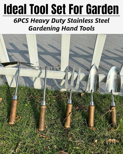 Garden Tool Set, 6PCS Heavy Duty Stainless Steel Gardening Hand Tools with Ropes, Includes Hand Cultivator Shovel Trowel Transplanter 2-in-1 Hoe Pruner, Ideal Gardening Gifts for Women Men (Standard)