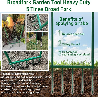 5 Tines Heavy Duty Broad Fork, 55"*20" in Broad Fork for Gardening– Heavy-Duty Hand Tiller for Digging, Cultivating & Aerating Clay Soil, Ergonomic U-Shaped Design for Comfortable Gardening & Farming