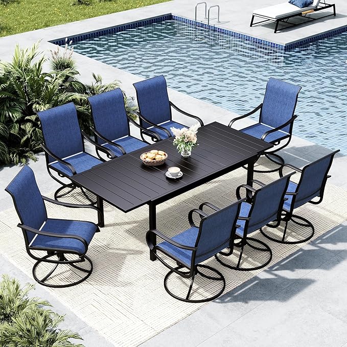 MFSTUDIO Patio Dining Set for 8, Outdoor Dining Set with Expandable Table and Swivel Chairs, 9 Piece Outdoor Patio Furniture Set for Deck/Backyard/Poolside/Garden