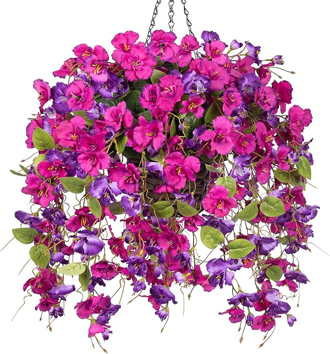 Artificial Fake Hanging Hibiscus Flowers Plants Baskets for Outdoor Outside Spring Summer Decoration, Faux Silk Hibiscus Long Vines in Planter UV Resistant Realistic Flowers (PurpleDarkPurple)