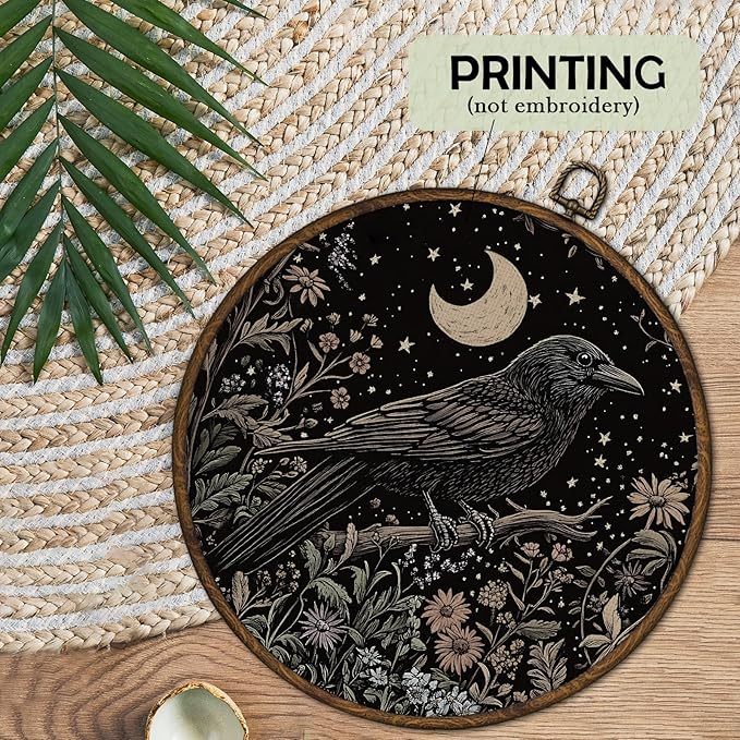 cvjutf Dark Academia Black Crow Raven Wall Art Decor Framed, Witchy Whimsigoth Gothic Black Crow Botanical Round Wall Decor, Vintage Cottagecore Canvas Prints Art for Home Bedroom Living Room,10x10