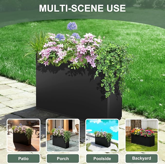 Tall Rectangular Planter Box for Outdoor Plants, Large Metal Black Planters for Patio Porch, Modern Decor for Plants,with Drainage Holes (35" L x 9" W x 26" H)