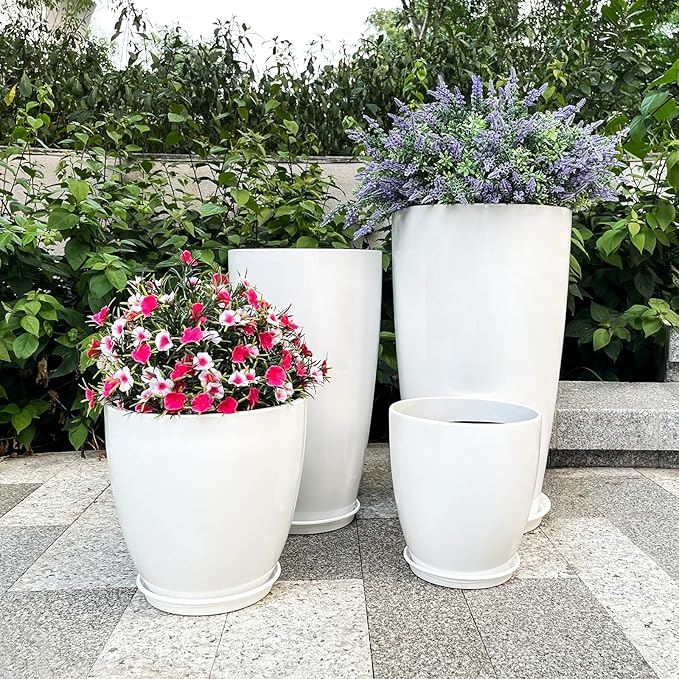 ZMTECH 24/21/12/10" H Large Plastic Planters with Drainage Hole and Saucer -Set of 4 Tall Plant Pots for Indoor & Outdoor Use,White Glossy Smooth Lightweight Flower Pot for Front Porch Patio Deck
