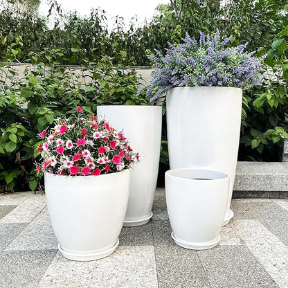 ZMTECH 24/21/12/10" H Large Plastic Planters with Drainage Hole and Saucer -Set of 4 Tall Plant Pots for Indoor & Outdoor Use,White Glossy Smooth Lightweight Flower Pot for Front Porch Patio Deck