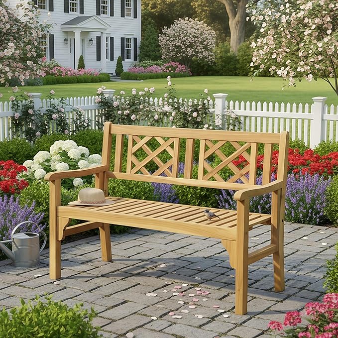 Tangkula Folding Outdoor Wood Garden Bench, Foldable Acacia Wood Patio Bench with Wide Curved Armrest & Backrest, Outside 2-Person Loveseat Chair for Entryway, Yard, Deck, Balcony & Park