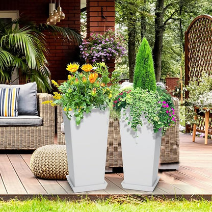 Elevens Set of 2 Tall Outdoor Planters 24 Inch, Large Planters for Indoor Outdoor Plants, Tapered Square Flower Pots with Tray for Patio,White